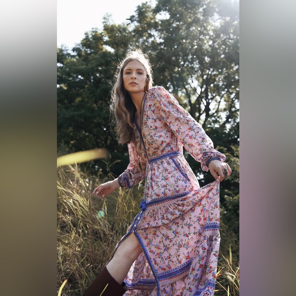 TULLE & BATISTE handmade floral Pink and Blue Wrap Rayon Maxi Dress NWT - Picture 16 of 16